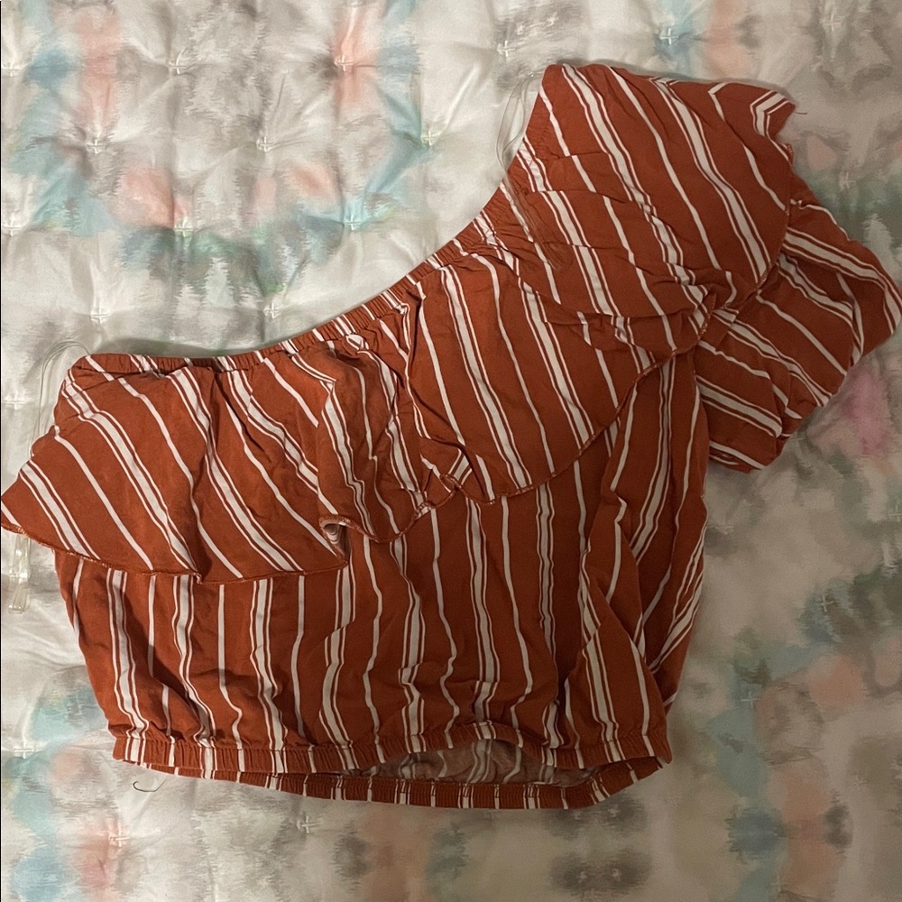 Rust Striped One-Shoulder Blouse